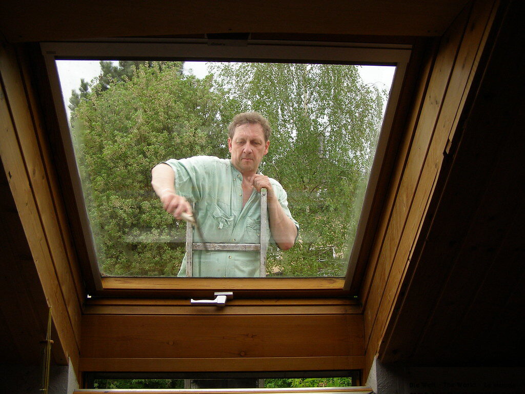 A cleaner in a work shirt drawing a squeegee down a timber-framed window, with trees beyond the glass