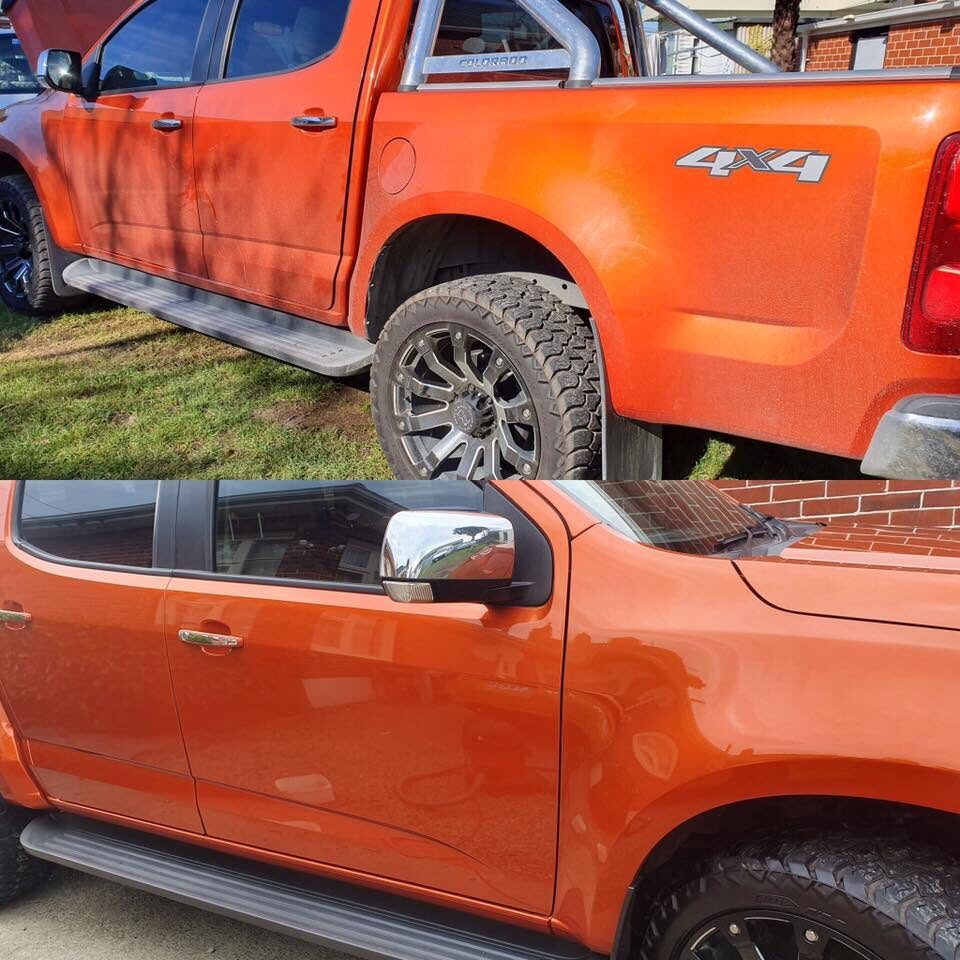 Before and after of an orange ute: a dull, hazed paint finish above and the same vehicle restored to a deep gloss orange below
