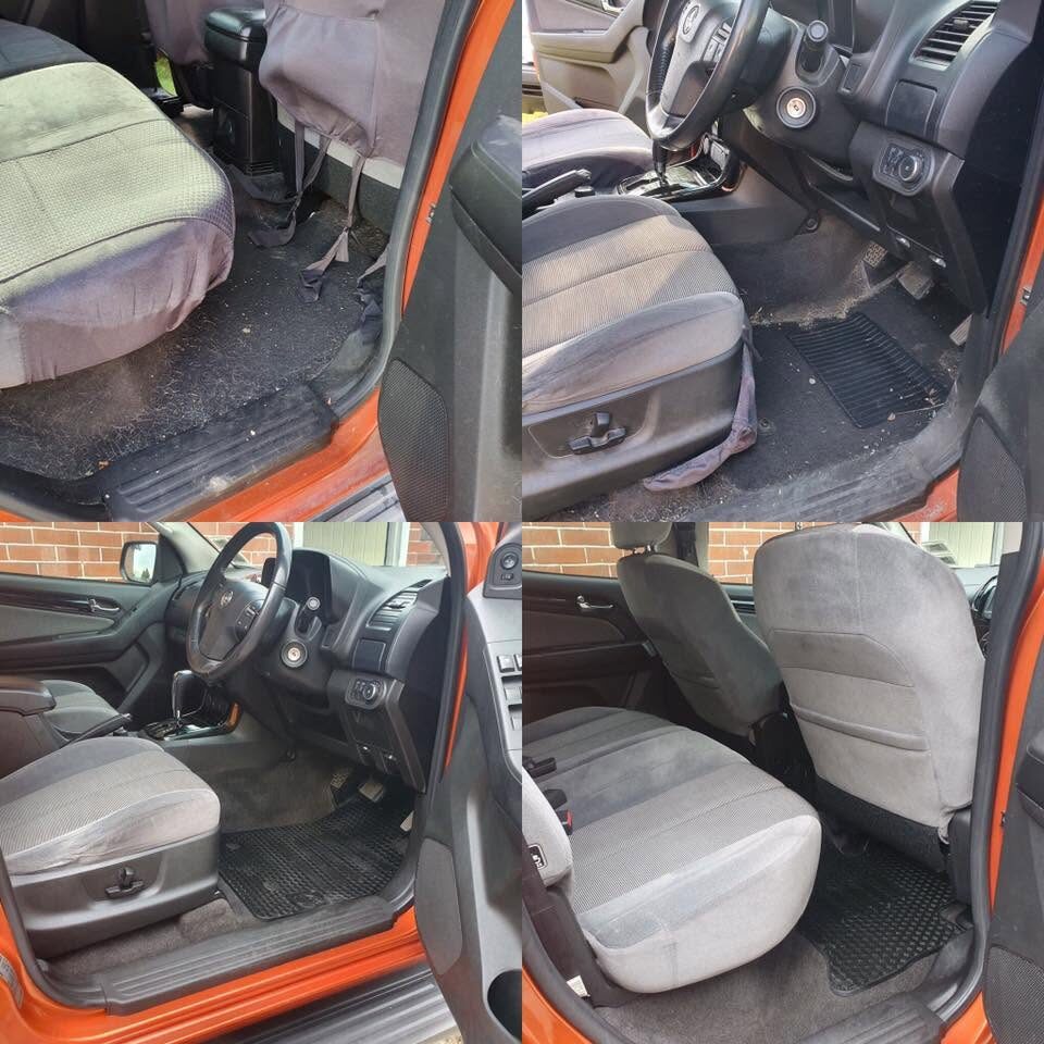 Four-panel collage of a ute interior showing cloth seats, dashboard, door cards and rubber floor mats